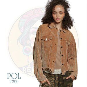 T399 POL Teddy Bear Brown Distressed Hem Corduroy Trucker Jacket